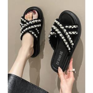 厚底サンダル パール付き クロスサンダルの詳細画像4