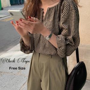 長袖 シャツ レディース チェック スクエアネック ボタン ブラウス 春秋 ゆったり 韓国風【ネコポス可】