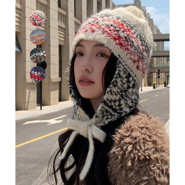 ニット帽子 レディース 配色 紐付き【ネコポス投函】