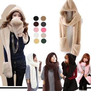 【在庫限り・売り尽くしセール】フード付きマフラー レディース ファーマフラー カップル 無地ストール 防寒 もこもこ マフラー