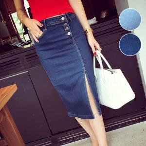 着やせ デニムスカート レディース フロントボタン タイトスカート