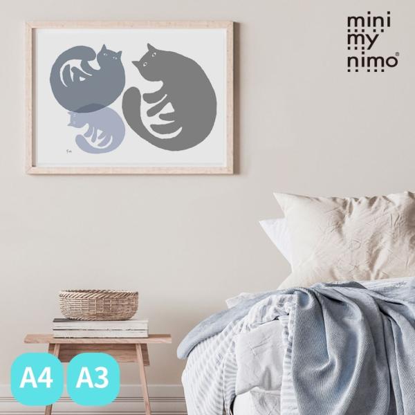 ミニマイニモ　インテリアポスター　ねこ　動物モチーフ　グレー　A4　A3｜ギョロ