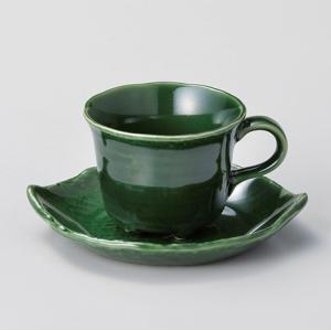 コーヒーカップ ソーサー おしゃれ 珈琲 織部木の葉 コーヒー碗皿セット グリーン