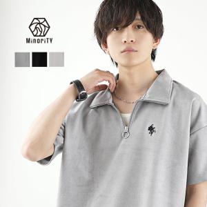 Tシャツ メンズ ハーフジップ 半袖tシャツ 刺繍 ワンポイント 花柄 スウェード 半袖 ハーフジップ minority