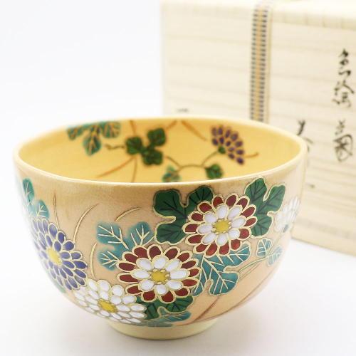 抹茶碗 色絵茶碗 「菊」 木箱入り 秋物 作家 鈴木一点 作 茶器 茶道具 陶磁器 抹茶茶碗 日本製...