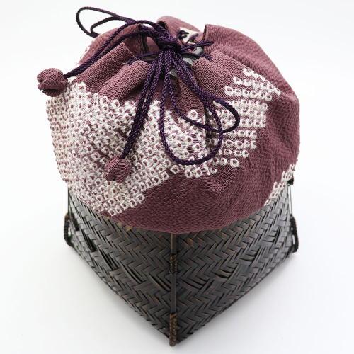 正絹シルク仕服付竹篭 紫 野点用茶道具篭 和装ポーチ 浴衣用 着物用 茶道具 抹茶 茶道具類 お稽古