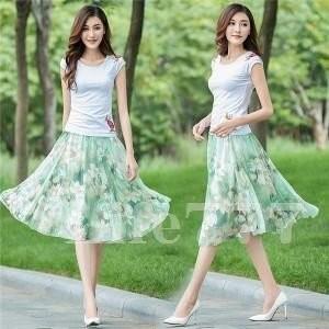 スカートレディース膝丈シフォン花柄通勤フレアスカートプリント着痩せ旅行プレゼントビーチリゾートお呼ばれ