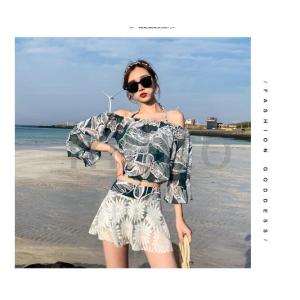 水着レディース体型カバー水着タンキニ4点セットセパレート三角ビキニ葉柄水着スイムウェア女性用ママ40代可愛い海水浴温泉3色