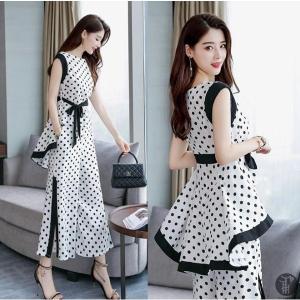 上下セットセットアップレディースカジュアルレディースブラウスワイドパンツ水玉美シルエット体型カバ美脚入学式