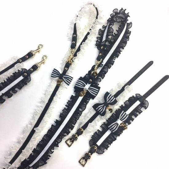 カラー＆リードセット 犬 おしゃれ かわいい 小型犬 中型犬 カラー リード ボーダータックフリルリ...