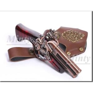 ミンティーmintyクラシカル＆スチームパンク♪ワインレッド＆ブロンズ色の合金模型モデルガン鉄砲＆レザー皮のホルスターケースセットS049-2RQ-BL