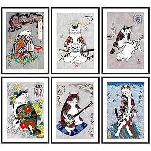 DALIHEBO 日本アート タトゥー 猫 絵画 壁 レトロ アート ポスター 6枚セット フ...
