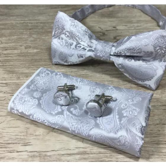 蝶ネクタイ　カフスボタン　ポケットチーフ　３点セット　銀　シルバー　ペイズリー