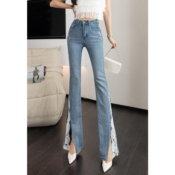 フレアパンツ デニム パンツ ボトムス レディース スリットパンツ 花柄 レース ダメージ ジーンズ...