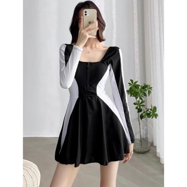 ワンピース水着 水着レディース 体型カバー ラッシュガード 長袖 Aライン スカート 水着ワンピース...