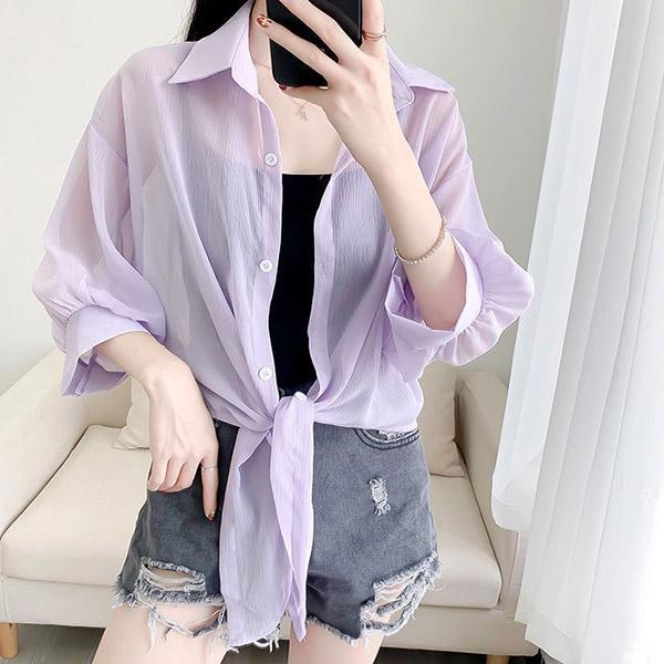 即納 シャツ ブラウス 前結び 七分袖 シフォンシャツ レディース 長袖 透け感 春夏 おしゃれ 薄...