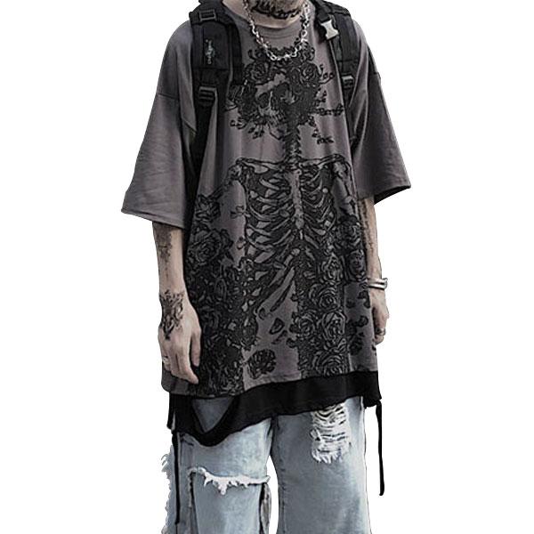 即納 Tシャツ オーバーサイズ ビッグシルエット 半袖 スカル ドクロ 髑髏 骸骨 バラ プリント ...