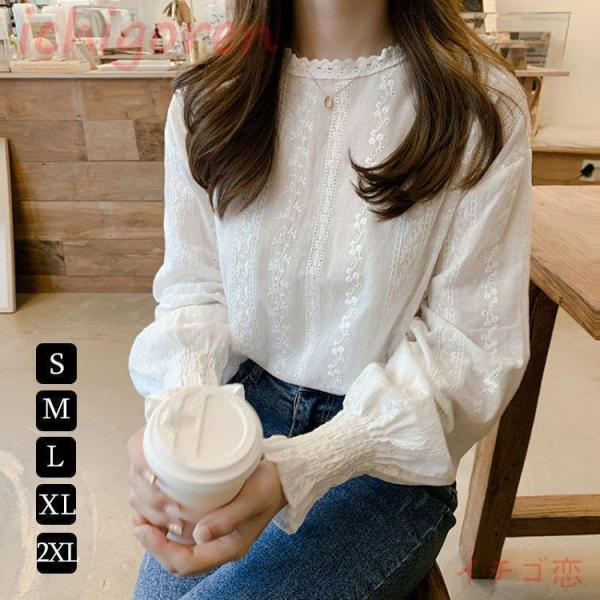 【大特価】ブラウス レディース 春夏 シフォン クルーネック 長袖 韓国風 白シャツ 花柄 ス 大人...