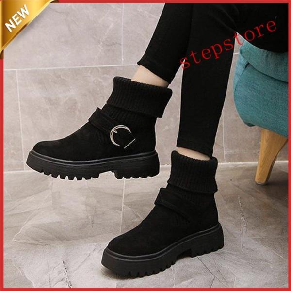 ソックス風 ショートブーツ レディース 2wayニットブーツ バックルベルト 厚底ブーツ 歩きやすい...