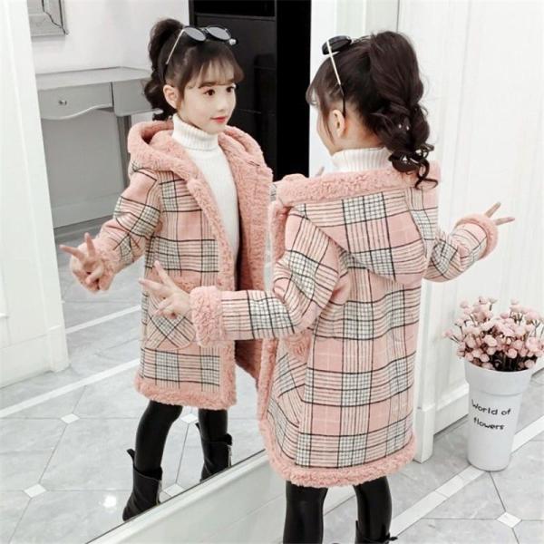 キッズ ダッフルコート 子供服 女の子 コート アウター 裏起毛 裏ボア チェック柄 ロングチェスタ...