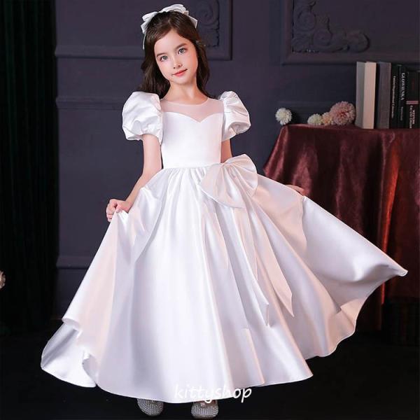【特価】子供ドレス ホワイト パフスリーブ 半袖 女児ドレス 女の子ドレス キッズドレス 可愛い ド...