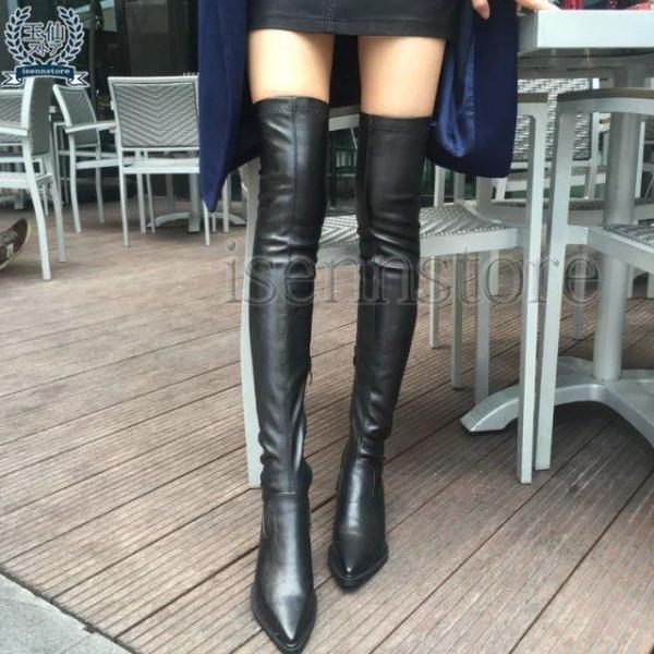 ニーハイブーツ ロング 膝上 秋冬 ポインテッドトゥ ローヒール ストレッチブーツ レディース ロン...