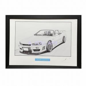 日産 NISSAN  スカイライン R34 25GT クーペ【鉛筆画】名車 旧車 イラスト A4サイズ 額付き サイン入り｜mirror-man-ys