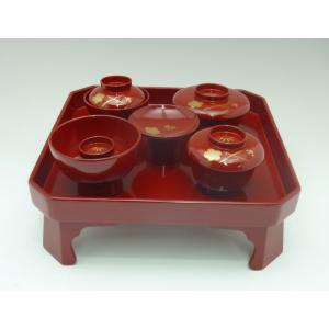 会津漆器総朱 お食い初めセット（男の子用）松竹梅（手描）