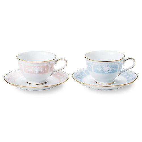 ノリタケ＜Noritake＞レースウッドゴールドティー・コーヒー碗皿ペアセット【ピンク・ブルー】