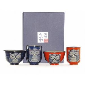 波佐見焼 手描ふくろう夫婦、茶碗、湯呑セット