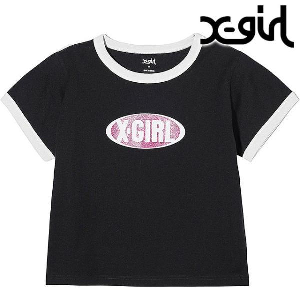 エックスガール X-girl レディース グリッターオーバルロゴ ショートスリーブ ベビーTシャツ ...