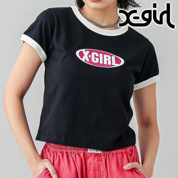 エックスガール X-girl レディース グリッターオーバルロゴ ショートスリーブ ベビーTシャツ ...