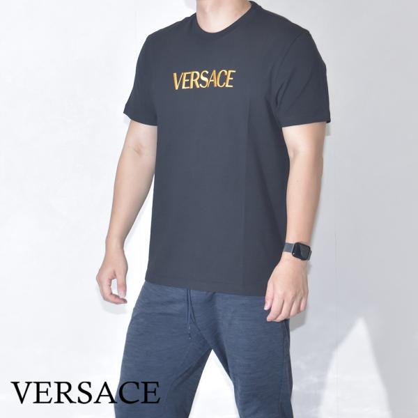 ヴェルサーチ Tシャツ 刺繍ロゴ メンズ VERSACE 半袖 ブランド ロゴ クルーネック ワンポ...