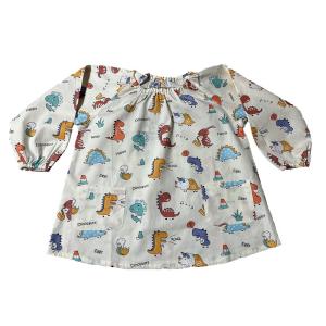 スモック 幼稚園 保育園 長袖 綿100％ 子供 エプロン キッズ 食事用 お絵かき用 恐竜柄  男の子 すっぽり被れるタイプ ポケット付き 入園 入学 ホワイト