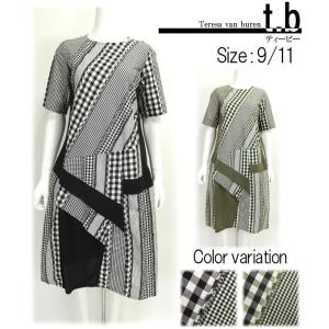 sale50%OFF 一部除き送料無料 センソユニコ t.b レディース  切り替えギンガムワンピース  日本製 春夏物 カジュアル フリンジ 半袖 ロング丈 素材感