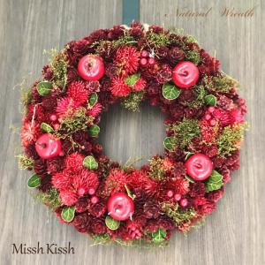 クリスマスリース 35cm 赤 りんご 松ぼっくり Red Apple