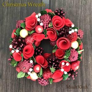 クリスマスリース まつぼっくり レッド ローズ リンゴ 24cm Wreath Red Pine & Gold Ball S 優良配送｜missh-kissh