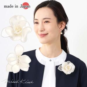 コサージュ カトレア 薔薇 フェザー 白レースリボン ブローチ 日本製