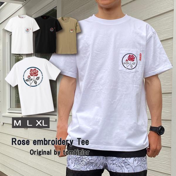 Tシャツ ポケットT メンズ 半袖 花柄 ばら 刺しゅう クルーネック トップス 綿 天竺 サーフブ...