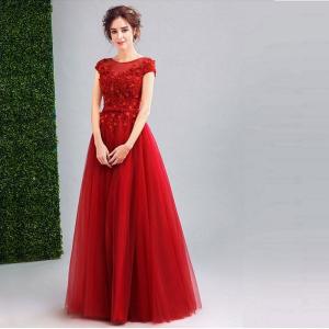 カラードレス パーティードレス Aライン 赤 レッド 半袖 リーフ 花柄