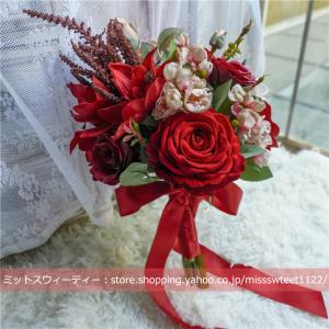 ウエディングブーケ レッド 赤 ブートニア リストブーケ ローズ 花束