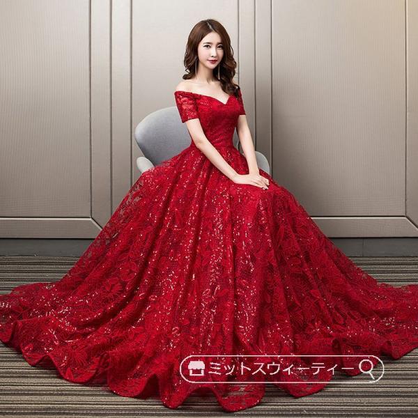 カラードレス パーティードレス Aライン 赤 レッド 半袖 リーフ 花柄 演奏会 発表会 ウェディン...