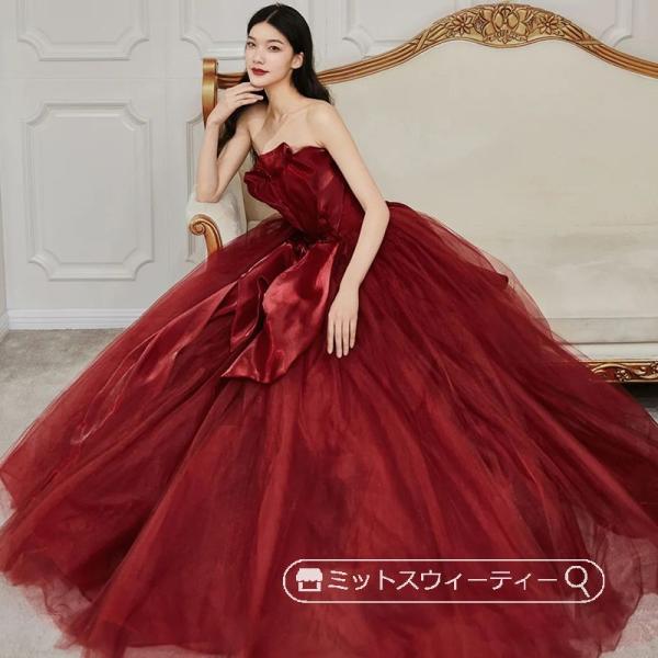 カラードレス アンティークレッド 二次会 パーティードレス 演奏会 発表会 花嫁 結婚式 ウェディン...