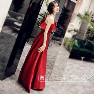 カラードレス パーティードレス Aライン 赤 レッド 半袖 リーフ 花柄