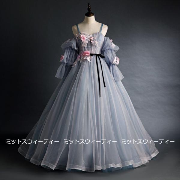 カラードレス 演奏会用ドレス ロングドレス グレー フラワー 二次会 花嫁 大人 中学生 高校生 発...