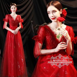 花柄レッドロングドレス♡結婚式パーティー演奏会に♩半袖ゴージャス cd5584.jpg