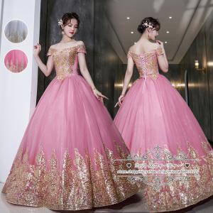 カラードレス 編み上げ ピンク フラワー ステージドレス ロングドレス