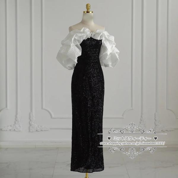 カラードレス 2色 黒 白 ロングドレス ソフトマーメイド パーティードレス 発表会 結婚式 二次会...