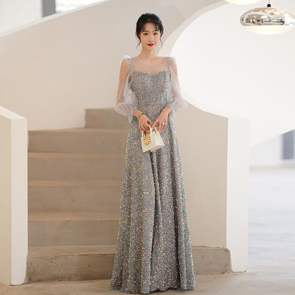 カラードレス カクテルドレス スパンコール 袖付き グレーブルー ロングドレス パーティードレス 発...