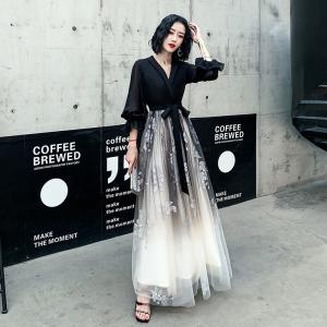 カラードレス カクテルドレス ブラック 黒 Vネック 花柄 ロングドレス パーティードレス 発表会 演奏会 イブニングドレス フォマール 切替 おしゃれ